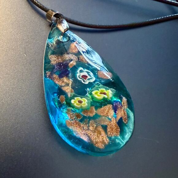 Light Blue Sparkly Artisan Millefiori Faceted Glass Pendant - Picture 3 of 9